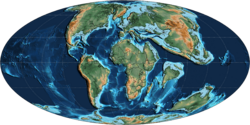Mollweide Paleographic Map of Earth, 60 Ma (Selandian Age).png