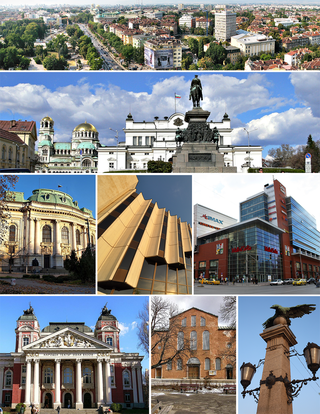 من أعلى اليسار: طريق تساري‌گراد، ميدان المجلس الوطني، ادارة جامعة صوفيا، تفصيلة من قصر الثقافة الوطني، مول صوفيا، مسرح إيڤان ڤازوڤ الوطني، كنيسة هاگيا صوفيا، تفصيلة من جسر النسور