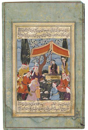 A seated Tahmasp under a modest tent, with other people