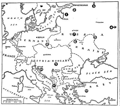 Map of Europe with numbered locations