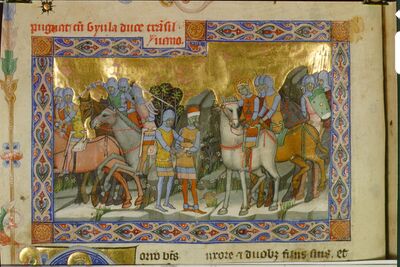 Chronicon Pictum, Hungarian, Hungary, King Stephen, Gyula, Transylvania, capturing, white horse, knights, double cross, Hungarian coat of arms, medieval, chronicle, book, illumination, illustration, history