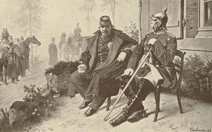 a tired sick old man in French military uniform, sitting beside an erect senior officer in Prussian uniform, spiked helmet, and sword