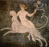 Dionysus, riding a cheetah and holding a thyrsus