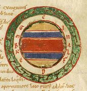 The five climes of the Earth. Frozen climes in yellow; Temperate climes in blue; Torrid clime in red.