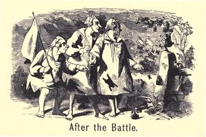 An engraving depicting three men in nightclothes, one holding a white flag. Numerous bullfrogs appear to be flying through the air. The illustration is captioned "After the Battle."