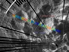 مواقع the Diviner LCROSS impact swaths overlain on a grayscale daytime thermal map of the Moon’s south polar region. Diviner data were used to help select the final LCROSS impact site inside Cabeus Crater, which sampled an extremely cold region in permanent shadow that can serve as an effective cold trap for water ice and other frozen volatiles.