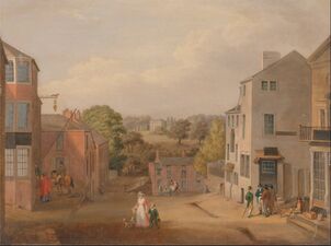 Street Scene in Chorley, Lancashire, with a view of Chorley Hall, by John Bird of Liverpool, c. 1795