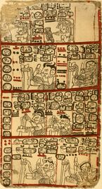 Middle divisions of pages 10 and 11 of the Codex Tro-Cortesiano, showing one tonalamatl extending across the two pages