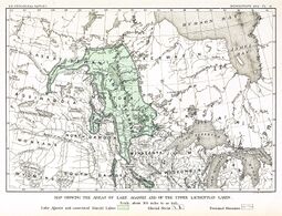 Map of the extent of Lake Agassiz in central North America, by 19th century geologist Warren Upham. The regions covered by the lake were significantly larger than shown here.