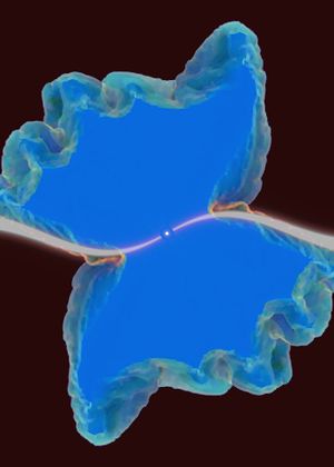 Central star has elongated S shaped curve of white emanating in opposite directions to the edge. A butterfly-like area surrounds the S shape with the S shape corresponding to the body of the butterfly.