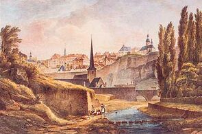 Jean-Baptiste Fresez: Luxembourg from the Alzette River (c. 1828)