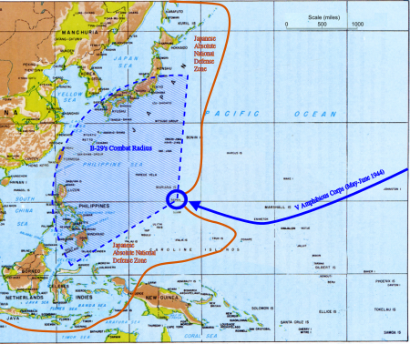 map of the western Pacific. An orange line marking the Japanese defenses runs from the Kuriles to New Guinea and Java. There is an arc showing the range of B-29 bombers that overlaps with Japan and the Philippines