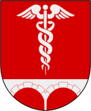 Gules, a bridge argent surmounted by a caduceus argent.