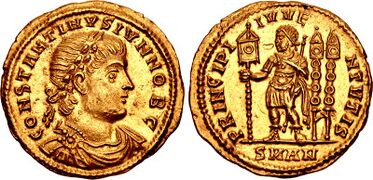 Solidus of Constantine II as caesar (aged 19), marked: constantinus iun· nob· caes· on the obverse ("Constantine Junior, Noblest Caesar") and principi iuventutis (Princeps of youth) on the reverse