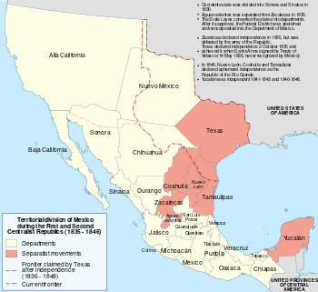 A map of Mexico, showing state and territory divisions as of 1835. Texas, Coahila, Nuevo León, Tamaulipas, Zacatecas and the Yucatán are shaded, marking them as having separatist movements.