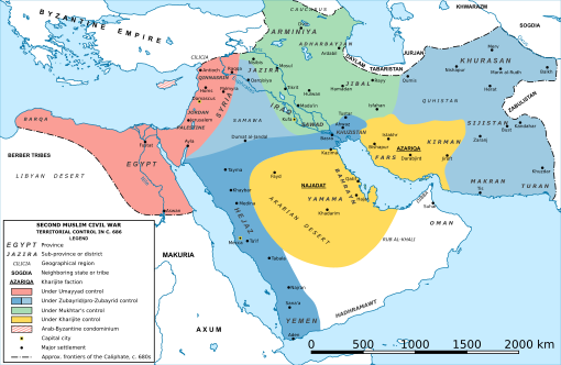 Map of the Middle East with shaded areas indicating the territorial control of the main political actors of the Second Muslim Civil War