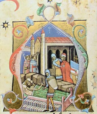 Chronicon Pictum, Hungarian, Hungary, King Coloman, sick, ill, Prince Álmos, blind, capture, Dömös, church, soldiers, monks with sword, medieval, chronicle, book, illumination, illustration, history