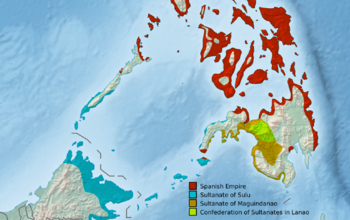 Approximate extent of the Sultanate of Maguindanao proper in the late 19th century, as well as the allied Confederation of sultanates in Lanao and the Sultanate of Sulu. It is bordered by the territories of the non-Islamized Lumad peoples like Tiruray, T'boli, B'laan, and Manobo peoples