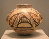 Clay vase with polychrome decoration, Dimini, Magnesia, Late or Final Neolithic (5300-3300 BC). Ceramic; height: 25 cm (93⁄4 in.), diameter at rim: 12 cm (43⁄4 in.); National Archaeological Museum (Athens).