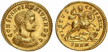 Aureus of Constantine II as caesar (aged 8), marked: constantinus iun· nob· c· ("Constantine Junior, Noblest Caesar") on the obverse