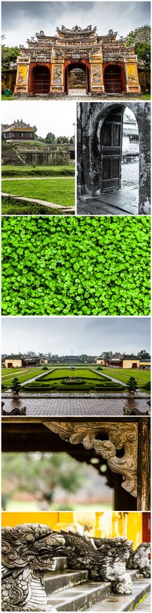 من أعلى، من اليسار لليمين: بوابة نو مون للمدينة الامبراطورية، پاگودا ثيين مو، نهر العطر، مقبرة تو دوك، تى ميو، مقبرة مينه مانگ