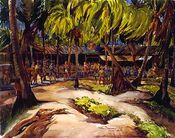 An illustration of the Cross Spikes Club[17] of the US Navy on Bikini Atoll, one of several Marshall Islands used for atomic bomb tests.