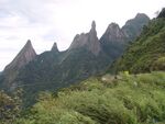 Forested mountains topped by rocks.
