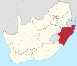 Map showing the location of KwaZulu-Natal in the south-eastern part of South Africa