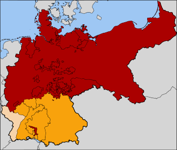 The North German Confederation (red). The southern German states that joined in 1870 to form the German Empire are in orange. Alsace-Lorraine, the territory annexed following the Franco-Prussian War of 1871, is in tan. الأرض الحمراء في الجنوب هي الإمارة الأصلية لبيت هوهن‌تسولرن، حكام مملكة پروسيا.