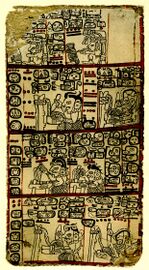 Page 102 of the Codex Tro-Cortesiano, showing tonalamatls in the lower three divisions