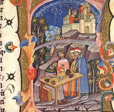 Chronicon Pictum, Hungarian, Hungary, King Solomon, Prince Géza, Prince Ladislaus, Vid, Belgrade, booty, spoils of war, soldiers, capture, girl with torch, flaming city, medieval, chronicle, book, illumination, illustration, history