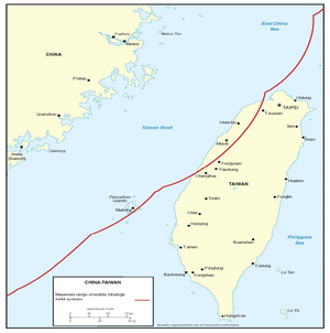 A map depicting Taiwan and a part of China showing that the Surface-To-Air Missiles coverage of China extends to most of the west coast of the island