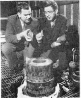 Synthetic quartz crystals produced in the autoclave shown in Western Electric's pilot hydrothermal quartz plant in 1959