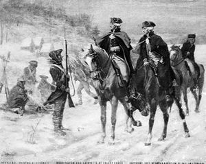 Painting of two men on horses talking to a sentry